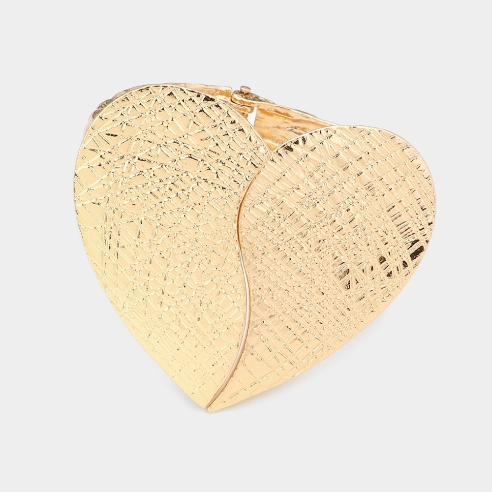 Gold Heart Metal Hinged Bracelet Fashion Jewelry Textured Statement Chunky Style